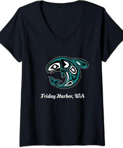 Womens Harbor Friday WA Native American Tribal Orca Killer Whale V-Neck T-Shirt