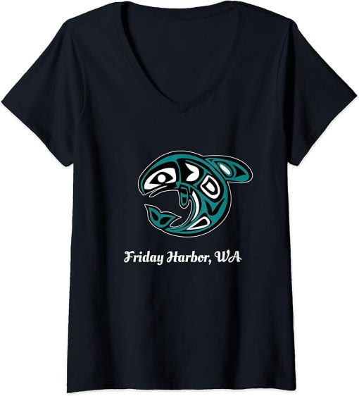 Womens Harbor Friday WA Native American Tribal Orca Killer Whale V-Neck T-Shirt