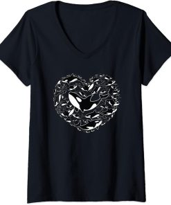 Womens Orca Lovers Heart V-Neck T-Shirt