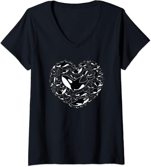 Womens Orca Lovers Heart V-Neck T-Shirt