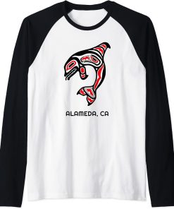 Alameda, CA Native American Orca Killer Whale Raglan Baseball Tee