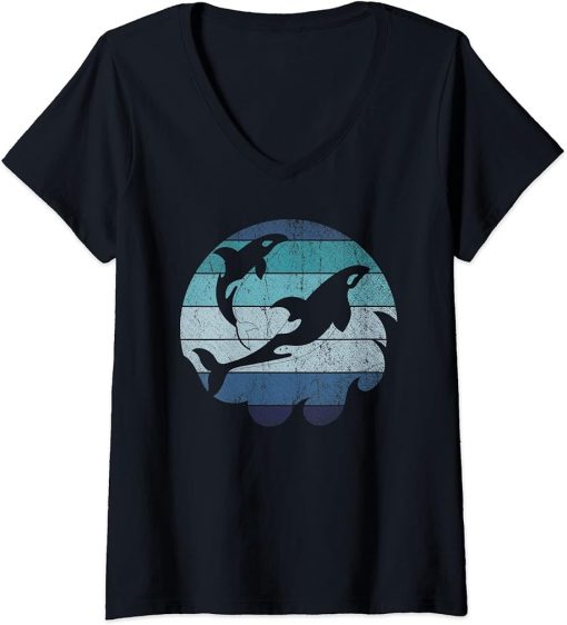 Womens Orca Ocean Animal Lover Diver Gift Retro Killer Whale V-Neck T-Shirt