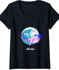 Womens Alaska Japanese Paint Geometric Orca Killer Whale V-Neck T-Shirt