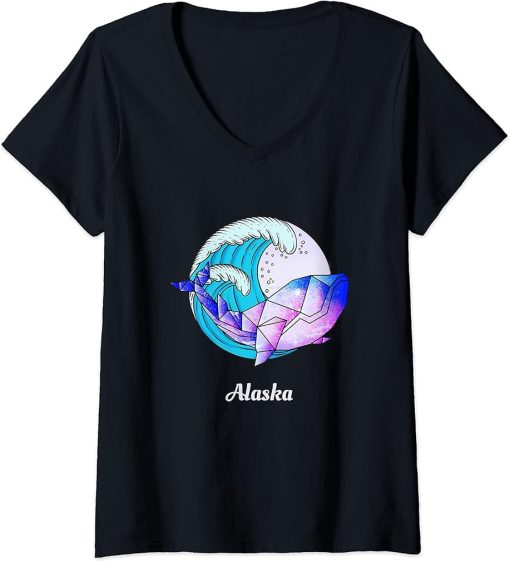 Womens Alaska Japanese Paint Geometric Orca Killer Whale V-Neck T-Shirt