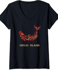 Womens Orcas Island Washington Native American Salmon Fishermen Art V-Neck T-Shirt