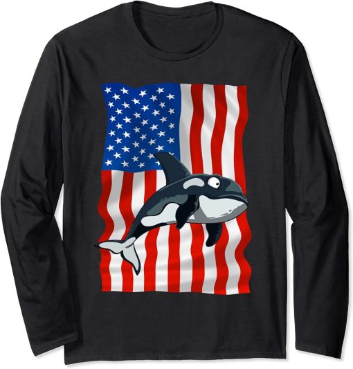 Orca American Flag USA 4th of July America Orcas lovers Long Sleeve T-Shirt